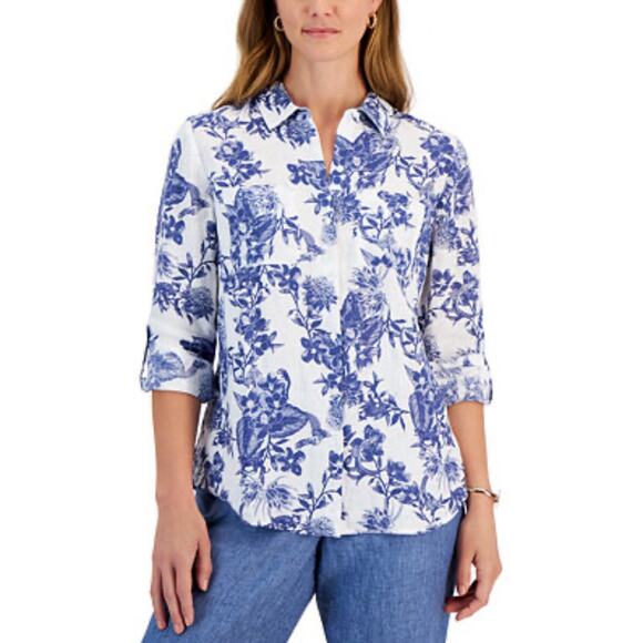 Charter Club Blue White Floral Linen Button Front Top Sz Petite M - Picture 1 of 9